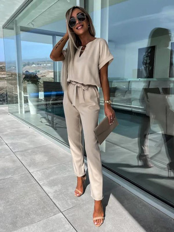 アプリコットピンクの装飾襟付き半袖カットアウトポリエステルストレート夏ワンピース