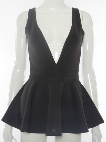 Vestido de club para mujer Vestido sexy sin espalda de poliéster sin mangas con cuello en V negro