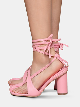 Pink Split Toe Sandals Block Heel Strappy Sandals