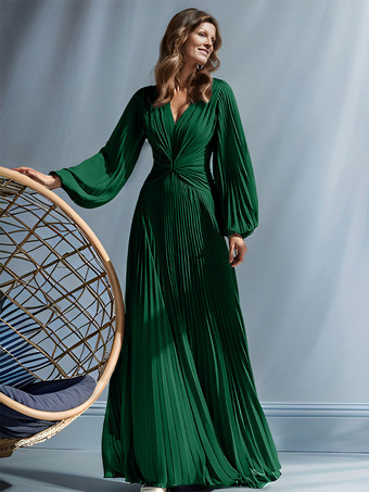 ダークグリーンパーティードレス 花嫁の母用 Vネック 長袖 Aライン プリーツ マキシレングス ゲストドレス 結婚式用