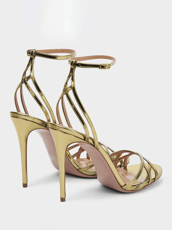 ゴールドパーティーシューズ メタリックオープントゥ クリスクロス アンクルストラップ ハイヒールサンダル