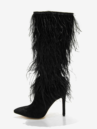 ブラックニーハイブーツ レディース フェザーディテール スティレットヒール ニーレングスブーツ
