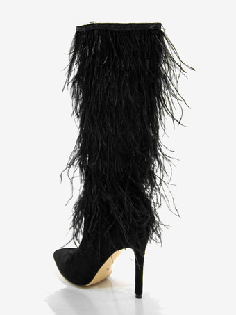 ブラックニーハイブーツ レディース フェザーディテール スティレットヒール ニーレングスブーツ