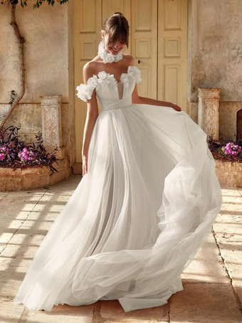 アイボリーウェディングドレス Vネック ノースリーブ トレーン付き オーガンザ ブライダル ガウン