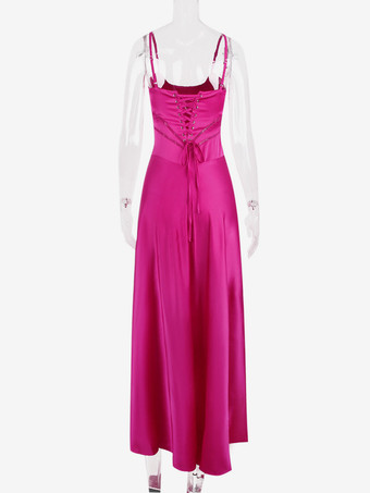 Corest マキシドレス 調節可能なスパゲッティストラップ バックレス レースアップ プロムドレス