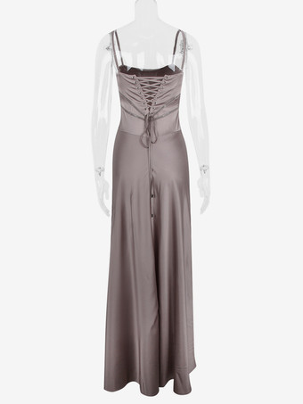 Corest マキシドレス 調節可能なスパゲッティストラップ バックレス レースアップ プロムドレス