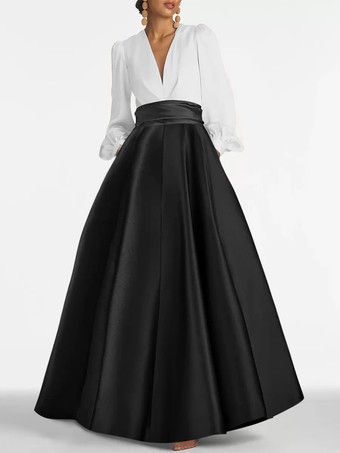 ブラックイブニングドレス Aライン Vネック フロアレングス 長袖 ジッパー プリーツ サテン生地 フォーマルパーティードレス