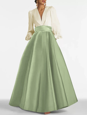 セージグリーンイブニングドレス Aライン Vネック フロアレングス 長袖 ジッパー プリーツ サテン生地 フォーマルパーティードレス