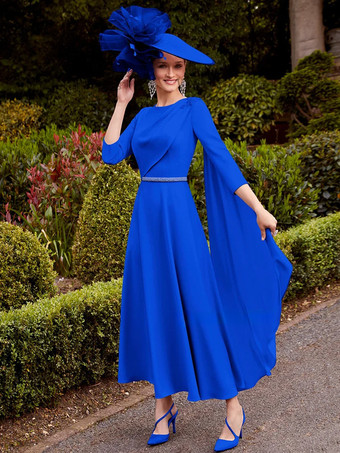 ロイヤルブルーブライダルマザードレス ジュエルネック 3/4丈 袖 Aライン サッシュ ゲストドレス 結婚式用