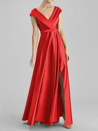 レッド イブニングドレス Aライン Vネック フロアレングス ノースリーブ ジッパー サッシュ サテン生地 フォーマル ディナードレス