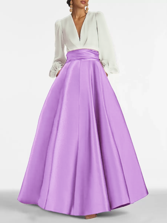 ライラックイブニングドレス Aライン Vネック フロアレングス 長袖 ジッパー プリーツ サテン生地 フォーマルパーティードレス