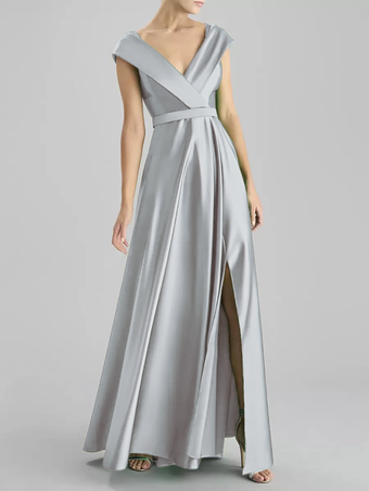 シルバーイブニングドレス Aライン Vネック フロアレングス ノースリーブ ジッパー サッシュ サテン生地 フォーマル ディナードレス
