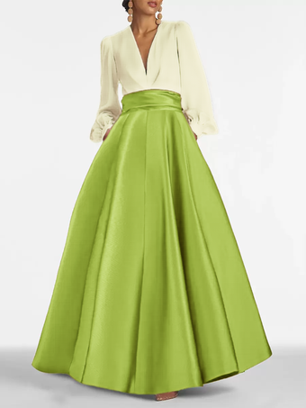 アボカドグリーンイブニングドレス Aライン Vネック フロアレングス 長袖 ジッパー プリーツ サテン生地 フォーマルパーティードレス