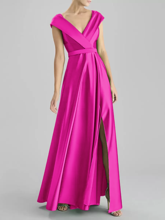 ローズレッドイブニングドレス Aライン Vネック フロアレングス ノースリーブ ジッパー サッシュ サテン生地 フォーマル ディナードレス