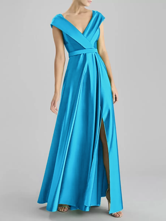ティールイブニングドレス Aライン Vネック フロアレングス ノースリーブ ジッパー サッシュ サテン生地 フォーマル ディナードレス