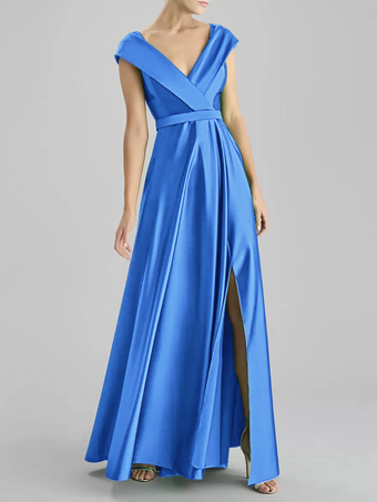 オーシャンブルーイブニングドレス Aライン Vネック フロアレングス ノースリーブ ジッパー サッシュ サテン生地 フォーマル ディナードレス