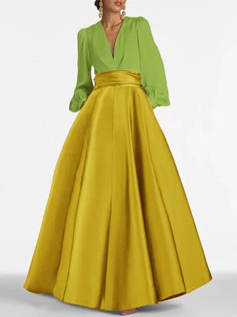 マスタードイブニングドレス Aライン Vネック フロアレングス 長袖 ジッパー プリーツ サテン生地 フォーマルパーティードレス