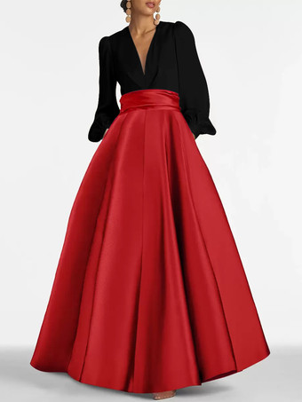 レッドイブニングドレス Aライン Vネック フロアレングス 長袖 ジッパー プリーツ サテン生地 フォーマルパーティードレス