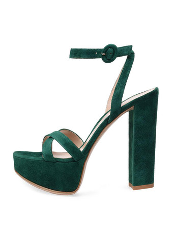グリーン ハイヒールサンダルグリーンマイクロスエードアッパーラウンドトゥウエディングシューズレディースパーティーシューズ