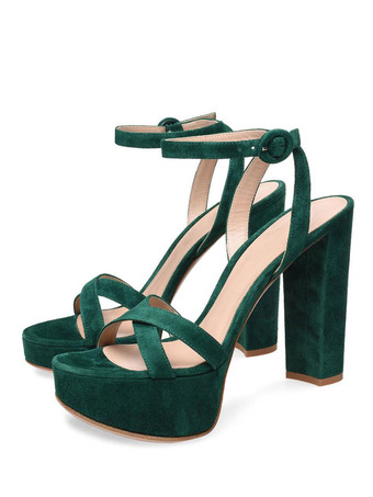 ハイヒールサンダルグリーンマイクロスエードアッパーラウンドトゥウエディングシューズレディースパーティーシューズ