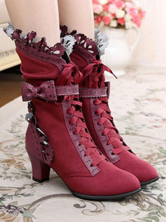 ワインレッド ロリータブーツ　PU　丸いつま先　プリズムヒール　