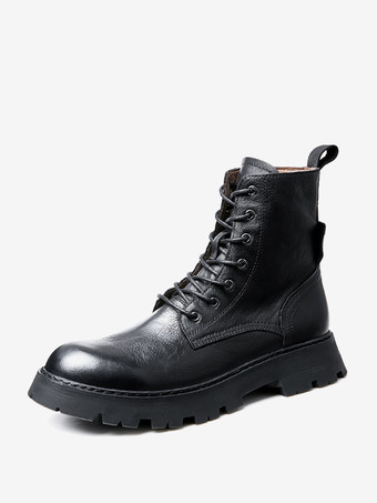 negro Botas cortas con cordones y punta redonda para hombre botas cortas con cordones estilo británico Retro de cuero de vaca color negro