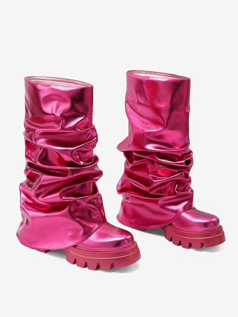 シルバー スラウチ ブーツ レディース ラウンドトゥ フラット ブーティ