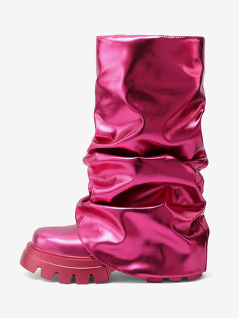 シルバー スラウチ ブーツ レディース ラウンドトゥ フラット ブーティ