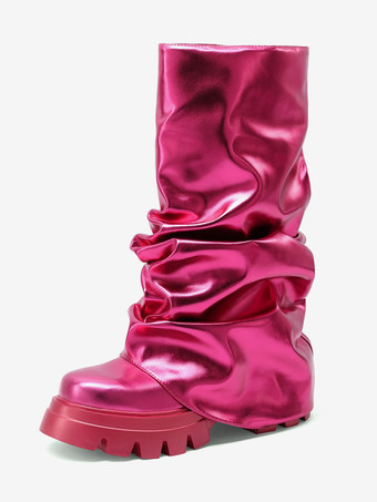 ローズレッドシルバー スラウチ ブーツ レディース ラウンドトゥ フラット ブーティ