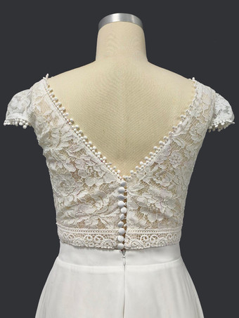 ツーピースウェディングドレス シフォンレース Vネック ツーピース フロアレングス バックレス 半袖 アイボリー