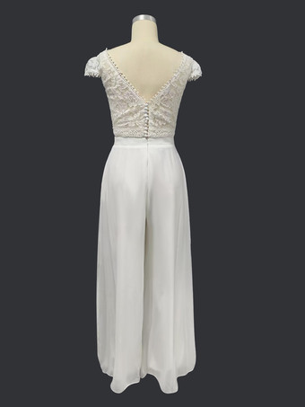 ツーピースウェディングドレス シフォンレース Vネック ツーピース フロアレングス バックレス 半袖 アイボリー