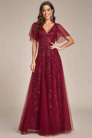 BordeauxAbito da ballo a trapezio con scollo a V in pizzo senza maniche Abiti da ospite di nozze