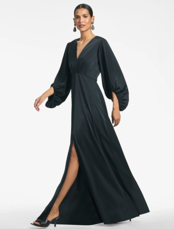 ブラックマザードレス Vネック 7分袖 Aライン フロア丈 ゲストドレス 結婚式用