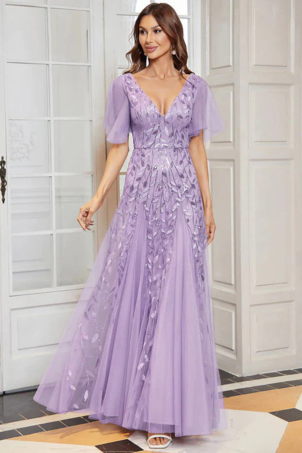 ViolaAbito da ballo a trapezio con scollo a V in pizzo senza maniche Abiti da ospite di nozze