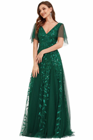 Abito da ballo a trapezio con scollo a V in pizzo senza maniche Abiti da ospite di nozze