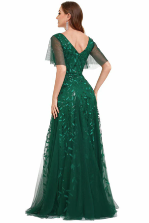 Abito da ballo a trapezio con scollo a V in pizzo senza maniche Abiti da ospite di nozze