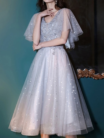 カクテルドレス きれいな茶丈 Aライン Vネック レース付き