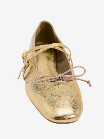 ゴールド バレエ フラット リボン ストラップ 調節可能 スクエア トゥ バレリーナ フラット