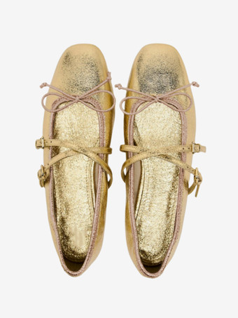 ゴールド バレエ フラット リボン ストラップ 調節可能 スクエア トゥ バレリーナ フラット