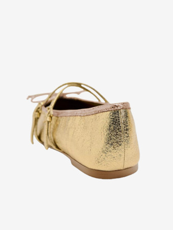 ゴールド バレエ フラット リボン ストラップ 調節可能 スクエア トゥ バレリーナ フラット