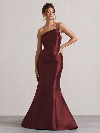 Bordeaux Robe de soirée sirène en tissu satiné à encolure dégagée et longueur au sol