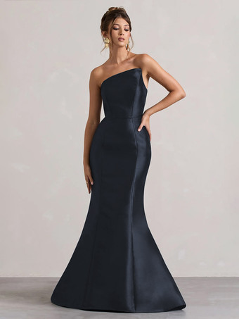 Bleu MarineRobe de soirée sirène en tissu satiné à encolure dégagée et longueur au sol
