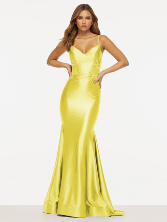 スイセン色プロムドレス マーメイド Vネック スイープ ノースリーブ バックレス レース サテン生地 社交イブニングドレス