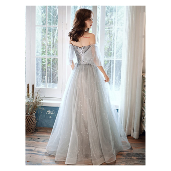 イブニングドレス Aライン ストラップレス マキシレングス パール フォーマルパーティードレス