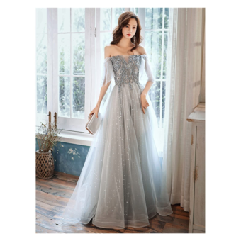 イブニングドレス Aライン ストラップレス マキシレングス パール フォーマルパーティードレス