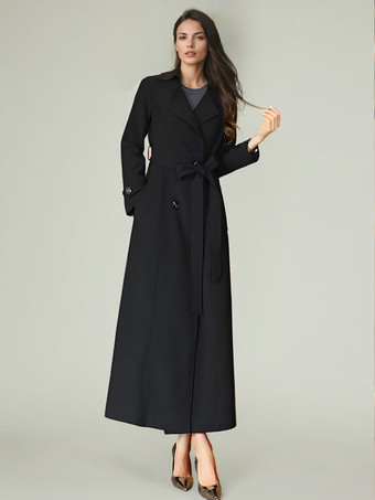 ブラック レディース トレンチコート モダン ポリエステル ターンダウンカラー ボタン フルレングスコート