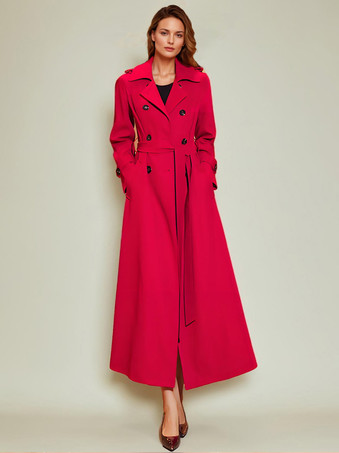 レッド レディース トレンチコート 実用的 ターンダウンカラー ボタン フルレングスコート