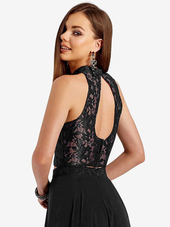 プロムドレスA ライン ホルター レース ノースリーブ ページェント ドレス