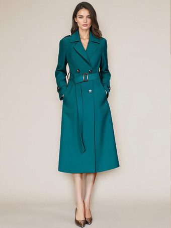 ティールグリーンレディース トレンチコート 実用的ボタン ターンダウンカラー 長袖 ポリエステル レースアップ