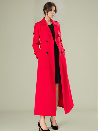 レッド 女性用トレンチコート モダンなターンダウンカラー ボタン付き フルレングスコート